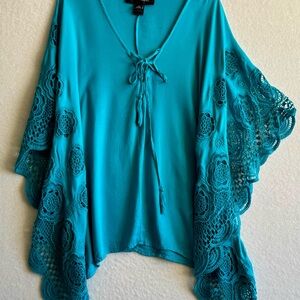 Colleen Lopez Lace Trim Blouse 1X Teal Boho Tunic Top Flowy Plus Size